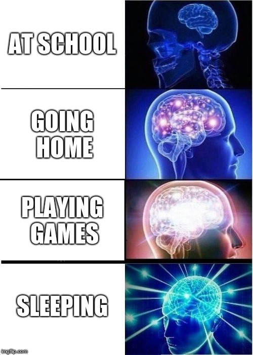 Expanding Brain | AT SCHOOL; GOING HOME; PLAYING GAMES; SLEEPING | image tagged in memes,expanding brain | made w/ Imgflip meme maker