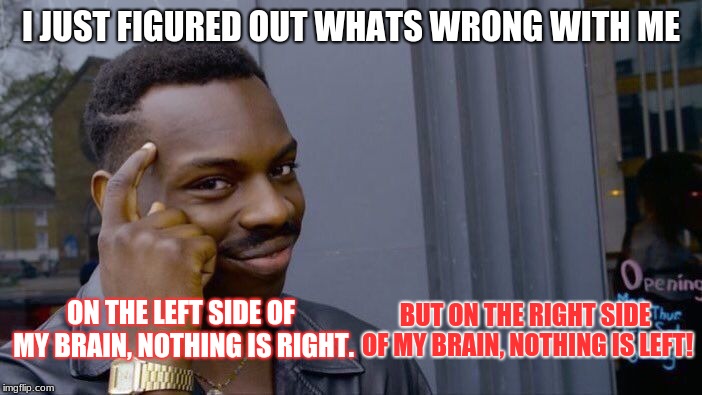 left, right, left, right, yeah yeah something is wrong with me | I JUST FIGURED OUT WHATS WRONG WITH ME; ON THE LEFT SIDE OF MY BRAIN, NOTHING IS RIGHT. BUT ON THE RIGHT SIDE OF MY BRAIN, NOTHING IS LEFT! | image tagged in memes,roll safe think about it | made w/ Imgflip meme maker