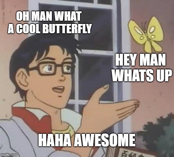 haha awesome | OH MAN WHAT A COOL BUTTERFLY; HEY MAN WHATS UP; HAHA AWESOME | image tagged in memes,is this a pigeon | made w/ Imgflip meme maker