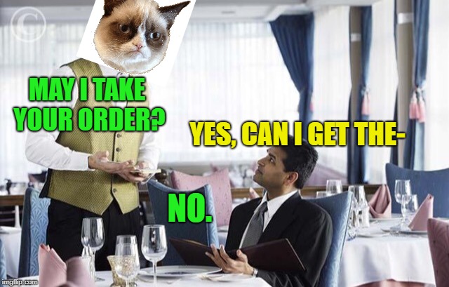 Waiter 2 | MAY I TAKE YOUR ORDER? YES, CAN I GET THE-; NO. | image tagged in waiter 2 | made w/ Imgflip meme maker