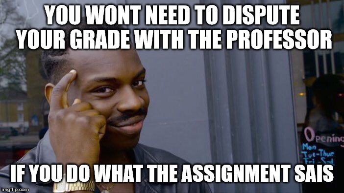 Roll Safe Think About It Meme | YOU WONT NEED TO DISPUTE YOUR GRADE WITH THE PROFESSOR; IF YOU DO WHAT THE ASSIGNMENT SAIS | image tagged in memes,roll safe think about it | made w/ Imgflip meme maker
