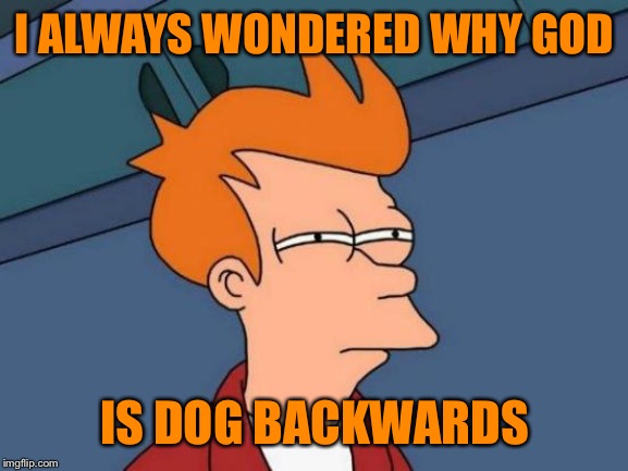Futurama Fry Meme | I ALWAYS WONDERED WHY GOD IS DOG BACKWARDS | image tagged in memes,futurama fry | made w/ Imgflip meme maker