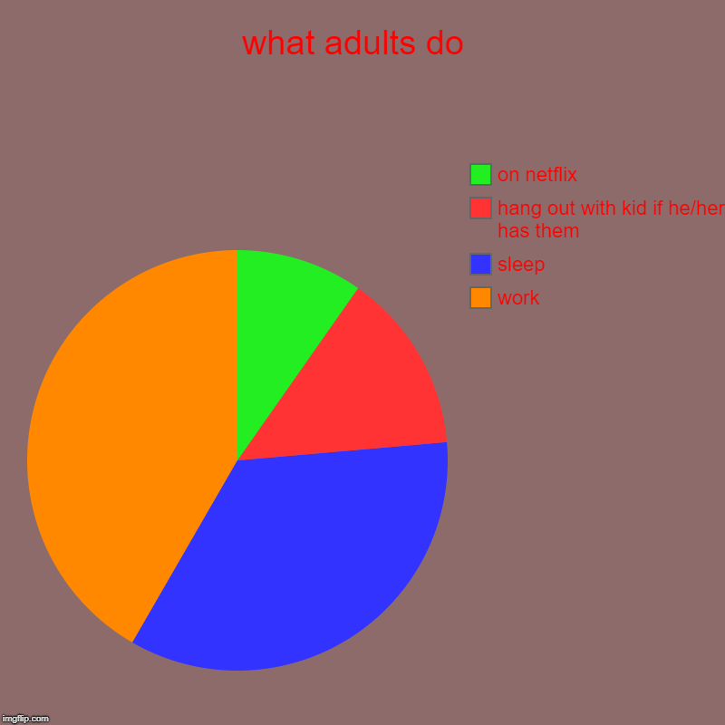 what adults do  | work, sleep, hang out with kid if he/her has them, on netflix | image tagged in charts,pie charts | made w/ Imgflip chart maker