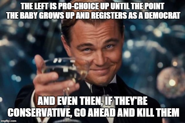 Leonardo Dicaprio Cheers Meme | THE LEFT IS PRO-CHOICE UP UNTIL THE POINT THE BABY GROWS UP AND REGISTERS AS A DEMOCRAT; AND EVEN THEN, IF THEY'RE CONSERVATIVE, GO AHEAD AND KILL THEM | image tagged in memes,leonardo dicaprio cheers | made w/ Imgflip meme maker