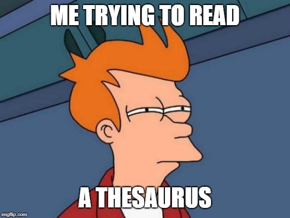 ME TRYING TO READ A THESAURUS | image tagged in memes,futurama fry | made w/ Imgflip meme maker