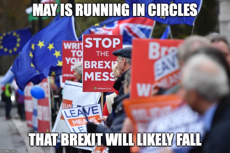 May's Current Situation | MAY IS RUNNING IN CIRCLES; THAT BREXIT WILL LIKELY FALL | image tagged in theresa may,memes,brexit | made w/ Imgflip meme maker