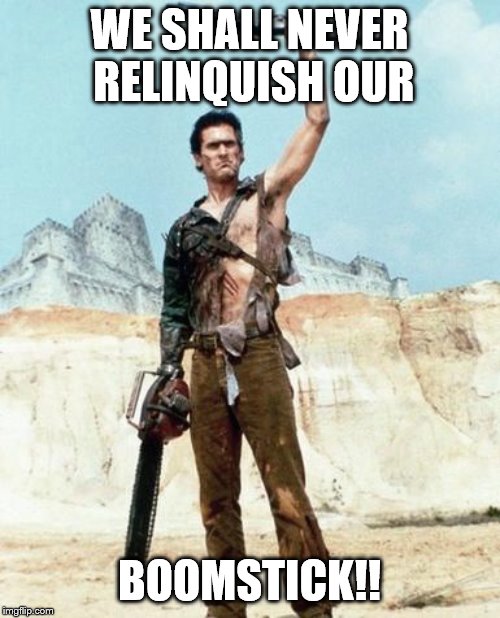 Army of Darkness Birthday | WE SHALL NEVER RELINQUISH OUR BOOMSTICK!! | image tagged in army of darkness birthday | made w/ Imgflip meme maker