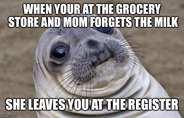 Awkward Moment Sealion |  WHEN YOUR AT THE GROCERY STORE AND MOM FORGETS THE MILK; SHE LEAVES YOU AT THE REGISTER | image tagged in memes,awkward moment sealion | made w/ Imgflip meme maker