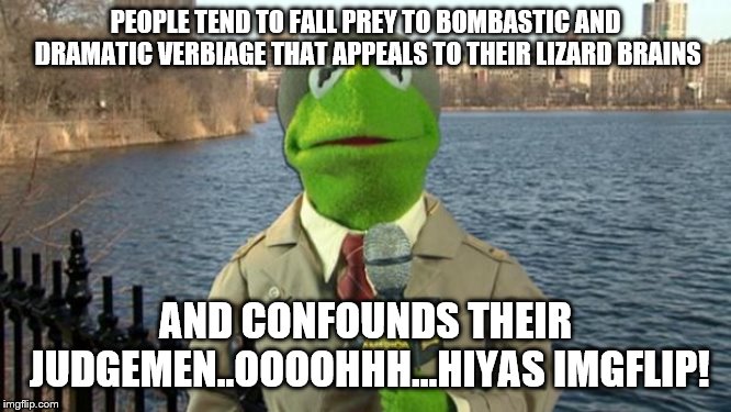 Kermit News Report | PEOPLE TEND TO FALL PREY TO BOMBASTIC AND DRAMATIC VERBIAGE THAT APPEALS TO THEIR LIZARD BRAINS AND CONFOUNDS THEIR JUDGEMEN..OOOOHHH...HIYA | image tagged in kermit news report | made w/ Imgflip meme maker