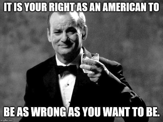 Bill Murray well played sir | IT IS YOUR RIGHT AS AN AMERICAN TO BE AS WRONG AS YOU WANT TO BE. | image tagged in bill murray well played sir | made w/ Imgflip meme maker