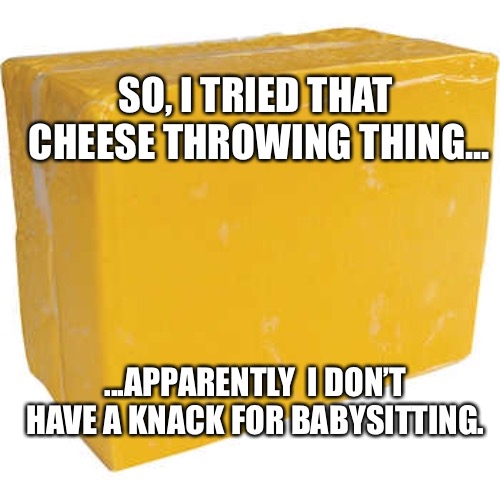 Head Cheese |  SO, I TRIED THAT CHEESE THROWING THING... ...APPARENTLY
 I DON’T HAVE A KNACK FOR BABYSITTING. | image tagged in cheese,baby | made w/ Imgflip meme maker