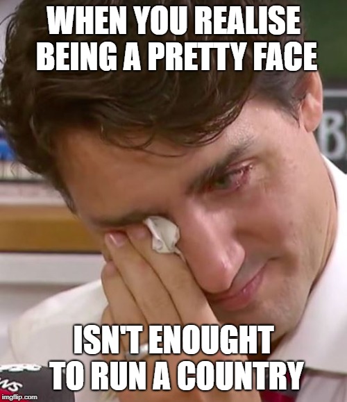 Justin Trudeau Crying | WHEN YOU REALISE BEING A PRETTY FACE; ISN'T ENOUGHT TO RUN A COUNTRY | image tagged in justin trudeau crying | made w/ Imgflip meme maker