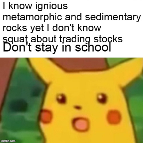 Surprised Pikachu Meme | I know ignious metamorphic and sedimentary rocks yet I don't know squat about trading stocks Don't stay in school | image tagged in memes,surprised pikachu | made w/ Imgflip meme maker