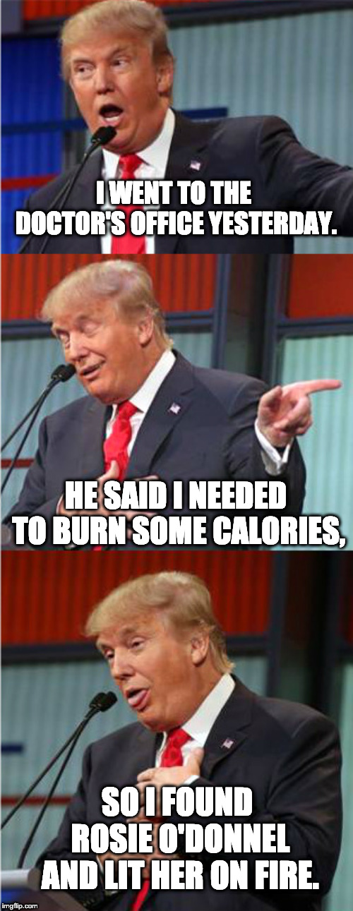 Bad Pun Trump | I WENT TO THE DOCTOR'S OFFICE YESTERDAY. HE SAID I NEEDED TO BURN SOME CALORIES, SO I FOUND ROSIE O'DONNEL AND LIT HER ON FIRE. | image tagged in bad pun trump,burn some calories,trump and o'donnel tif | made w/ Imgflip meme maker