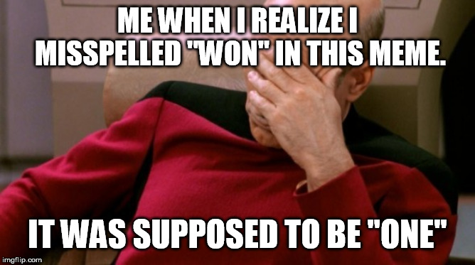 Faceplate headsmack | ME WHEN I REALIZE I MISSPELLED "WON" IN THIS MEME. IT WAS SUPPOSED TO BE "ONE" | image tagged in faceplate headsmack | made w/ Imgflip meme maker