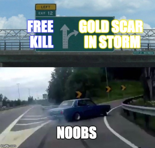 Left Exit 12 Off Ramp | FREE KILL; GOLD SCAR IN STORM; NOOBS | image tagged in memes,left exit 12 off ramp | made w/ Imgflip meme maker