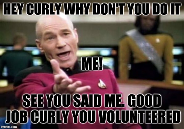 Picard Wtf | HEY CURLY WHY DON'T YOU DO IT; ME! SEE YOU SAID ME. GOOD JOB CURLY YOU VOLUNTEERED | image tagged in memes,picard wtf | made w/ Imgflip meme maker