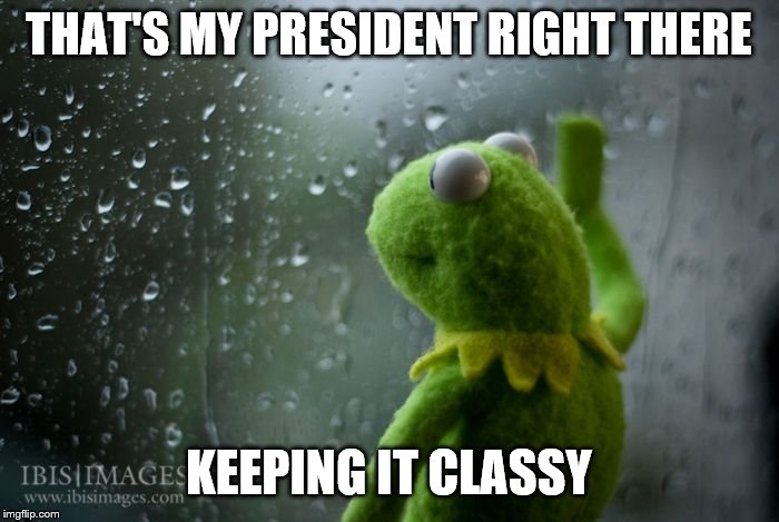 kermit window | THAT'S MY PRESIDENT RIGHT THERE KEEPING IT CLASSY | image tagged in kermit window | made w/ Imgflip meme maker