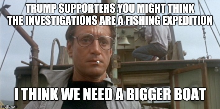 Memes | TRUMP SUPPORTERS YOU MIGHT THINK THE INVESTIGATIONS ARE A FISHING EXPEDITION; I THINK WE NEED A BIGGER BOAT | image tagged in donald trump,creepy condescending wonka,batman slapping robin | made w/ Imgflip meme maker