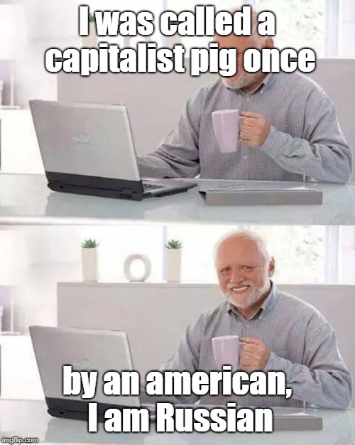 This happened in Roblox. | I was called a capitalist pig once; by an american, I am Russian | image tagged in hide the pain harold,russian,true story | made w/ Imgflip meme maker