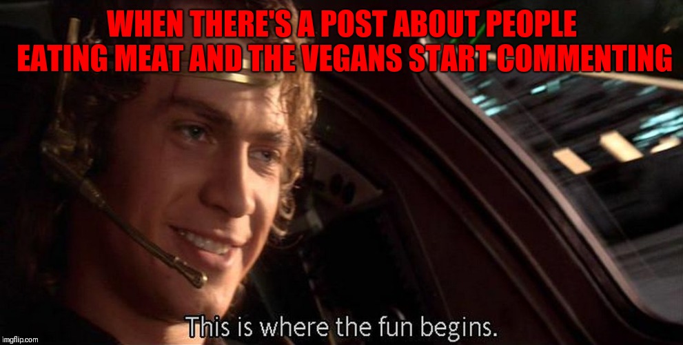 This is where the fun begins | WHEN THERE'S A POST ABOUT PEOPLE EATING MEAT AND THE VEGANS START COMMENTING | image tagged in this is where the fun begins | made w/ Imgflip meme maker