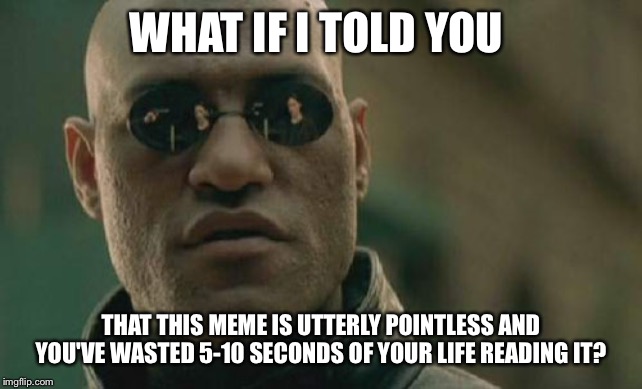 Matrix Morpheus Meme | WHAT IF I TOLD YOU; THAT THIS MEME IS UTTERLY POINTLESS AND YOU'VE WASTED 5-10 SECONDS OF YOUR LIFE READING IT? | image tagged in memes,matrix morpheus | made w/ Imgflip meme maker