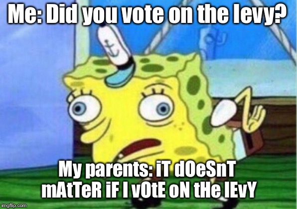 Mocking Spongebob | Me: Did you vote on the levy? My parents: iT dOeSnT mAtTeR iF I vOtE oN tHe lEvY | image tagged in memes,mocking spongebob | made w/ Imgflip meme maker