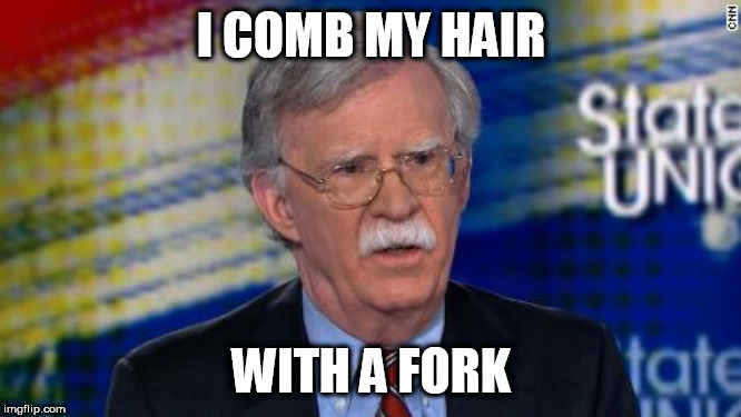 Bolton 2020 | I COMB MY HAIR; WITH A FORK | image tagged in bolton 2020,mustache,fork | made w/ Imgflip meme maker