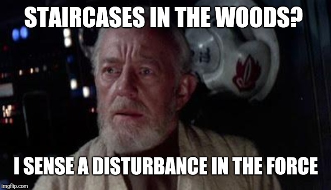 Disturbance in the force | STAIRCASES IN THE WOODS? I SENSE A DISTURBANCE IN THE FORCE | image tagged in disturbance in the force | made w/ Imgflip meme maker