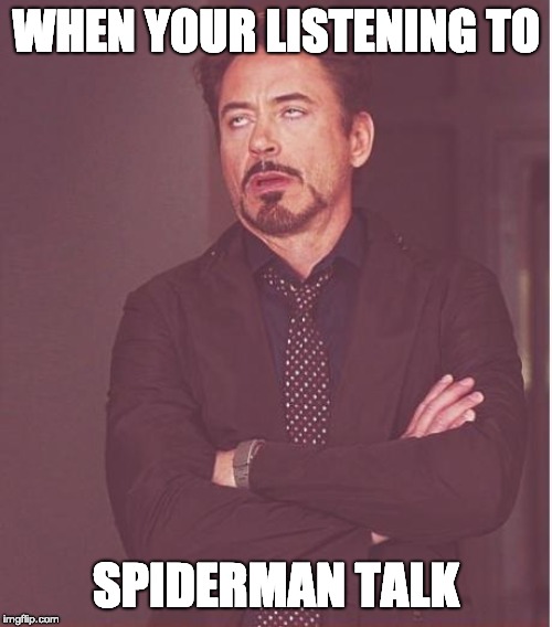 Face You Make Robert Downey Jr | WHEN YOUR LISTENING TO; SPIDERMAN TALK | image tagged in memes,face you make robert downey jr | made w/ Imgflip meme maker