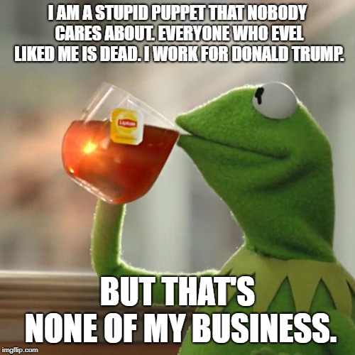But That's None Of My Business Meme | I AM A STUPID PUPPET THAT NOBODY CARES ABOUT. EVERYONE WHO EVEL LIKED ME IS DEAD. I WORK FOR DONALD TRUMP. BUT THAT'S NONE OF MY BUSINESS. | image tagged in memes,but thats none of my business,kermit the frog | made w/ Imgflip meme maker