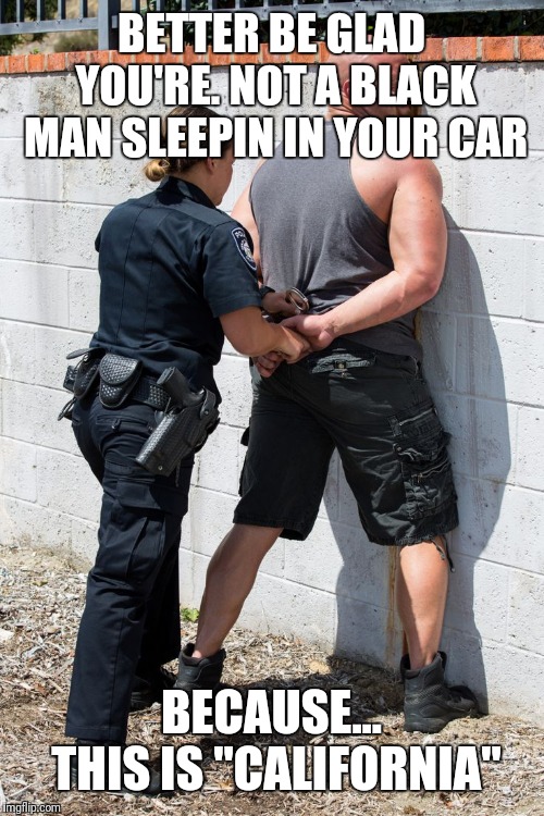 Police Woman | BETTER BE GLAD YOU'RE. NOT A BLACK MAN SLEEPIN IN YOUR CAR; BECAUSE... THIS IS "CALIFORNIA" | image tagged in police woman | made w/ Imgflip meme maker