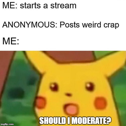 Anonymous bein' naughty | ME: starts a stream; ANONYMOUS: Posts weird crap; ME:; SHOULD I MODERATE? | image tagged in memes,surprised pikachu,anonymous | made w/ Imgflip meme maker