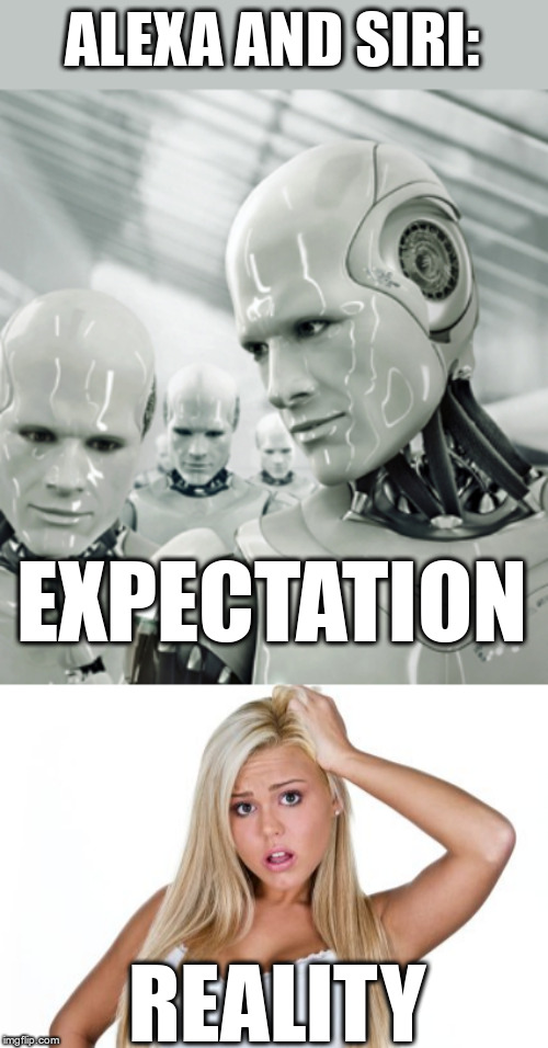 ALEXA AND SIRI: EXPECTATION REALITY | image tagged in memes,robots,dumb blonde | made w/ Imgflip meme maker