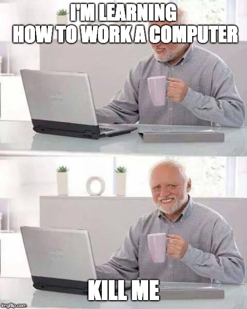 Hide the Pain Harold | I'M LEARNING HOW TO WORK A COMPUTER; KILL ME | image tagged in memes,hide the pain harold | made w/ Imgflip meme maker