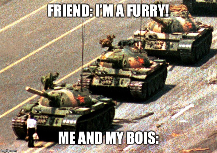 I hate furries. They shed and they pollute the world | FRIEND: I’M A FURRY! ME AND MY BOIS: | image tagged in china tank man,furries,tanks,memes | made w/ Imgflip meme maker