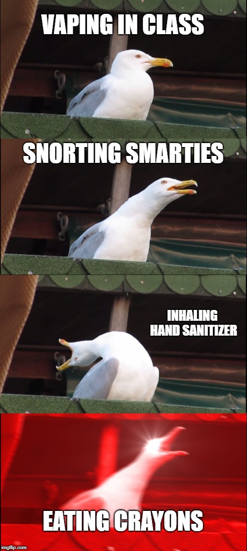 Inhaling Seagull Meme | VAPING IN CLASS; SNORTING SMARTIES; INHALING HAND SANITIZER; EATING CRAYONS | image tagged in memes,inhaling seagull | made w/ Imgflip meme maker