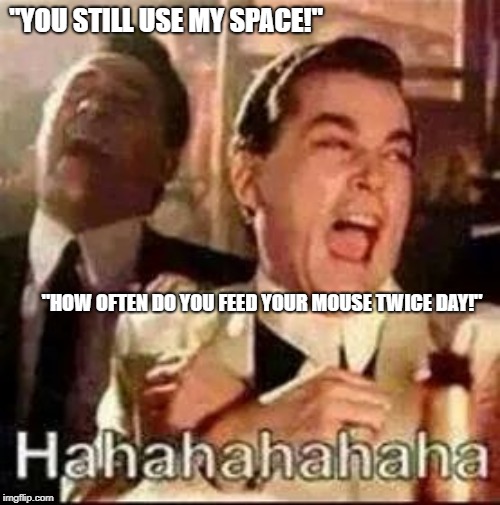 Laughing Mobsters | "YOU STILL USE MY SPACE!"; "HOW OFTEN DO YOU FEED YOUR MOUSE TWICE DAY!" | image tagged in laughing mobsters | made w/ Imgflip meme maker