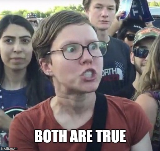 Triggered feminist | BOTH ARE TRUE | image tagged in triggered feminist | made w/ Imgflip meme maker