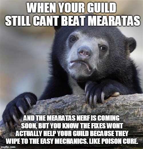Confession Bear Meme | WHEN YOUR GUILD STILL CANT BEAT MEARATAS; AND THE MEARATAS NERF IS COMING SOON, BUT YOU KNOW THE FIXES WONT ACTUALLY HELP YOUR GUILD BECAUSE THEY WIPE TO THE EASY MECHANICS. LIKE POISON CURE. | image tagged in memes,confession bear | made w/ Imgflip meme maker