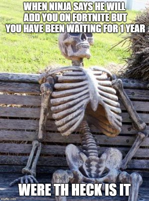 Waiting Skeleton | WHEN NINJA SAYS HE WILL ADD YOU ON FORTNITE BUT YOU HAVE BEEN WAITING FOR 1 YEAR; WERE TH HECK IS IT | image tagged in memes,waiting skeleton | made w/ Imgflip meme maker