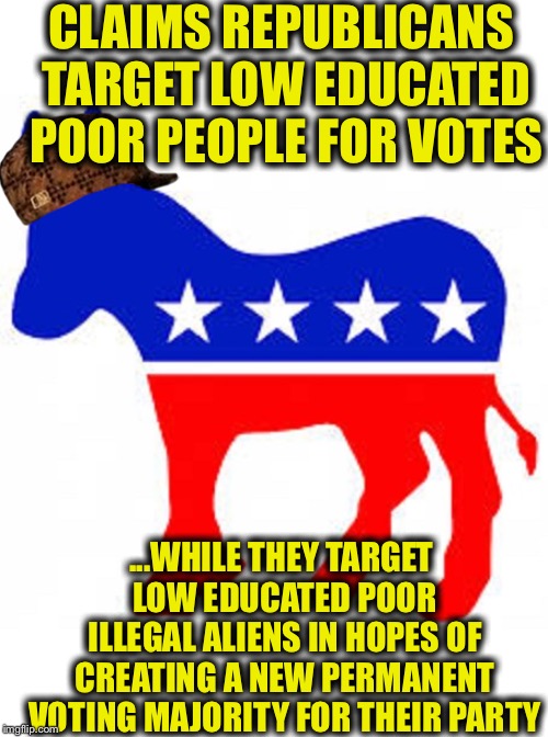 Democrat donkey | CLAIMS REPUBLICANS TARGET LOW EDUCATED POOR PEOPLE FOR VOTES; ...WHILE THEY TARGET LOW EDUCATED POOR ILLEGAL ALIENS IN HOPES OF CREATING A NEW PERMANENT VOTING MAJORITY FOR THEIR PARTY | image tagged in democrat donkey,democrats,democratic party,republicans,illegal aliens | made w/ Imgflip meme maker