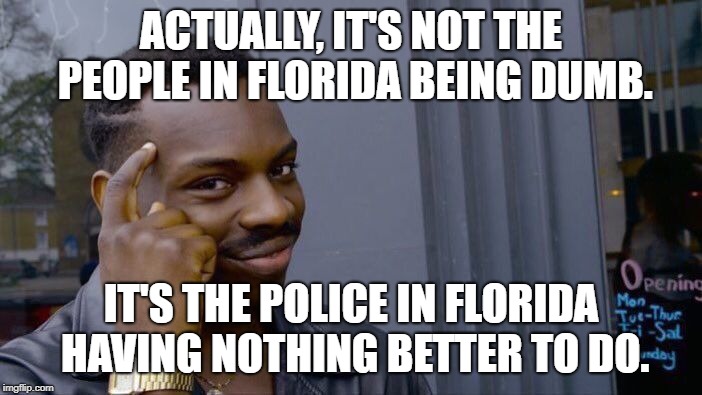 Florida Police needs to chill | ACTUALLY, IT'S NOT THE PEOPLE IN FLORIDA BEING DUMB. IT'S THE POLICE IN FLORIDA HAVING NOTHING BETTER TO DO. | image tagged in memes,roll safe think about it,florida,florida man,joke,police | made w/ Imgflip meme maker