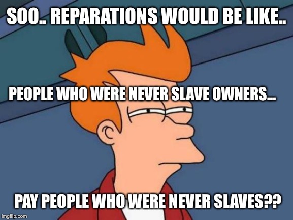 Futurama Fry | SOO.. REPARATIONS WOULD BE LIKE.. PEOPLE WHO WERE NEVER SLAVE OWNERS... PAY PEOPLE WHO WERE NEVER SLAVES?? | image tagged in memes,futurama fry | made w/ Imgflip meme maker