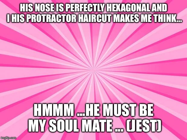 Pink Blank Background | HIS NOSE IS PERFECTLY HEXAGONAL AND I HIS PROTRACTOR HAIRCUT MAKES ME THINK... HMMM ...HE MUST BE MY SOUL MATE ... (JEST) | image tagged in pink blank background | made w/ Imgflip meme maker