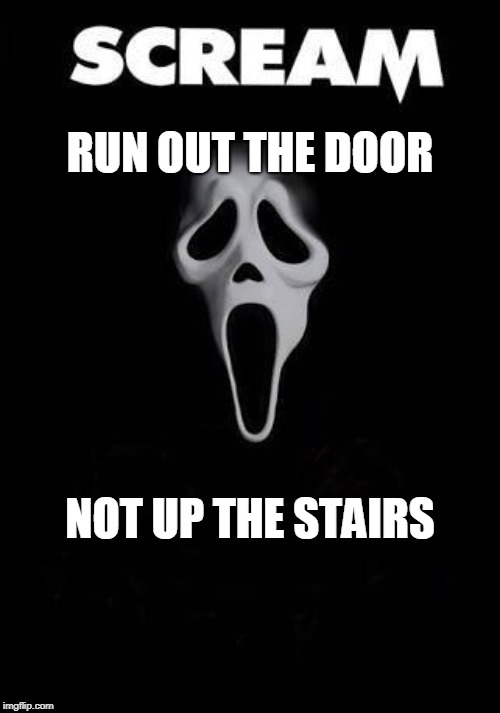 Scream Scary Movie Rules | RUN OUT THE DOOR; NOT UP THE STAIRS | image tagged in scream scary movie rules | made w/ Imgflip meme maker