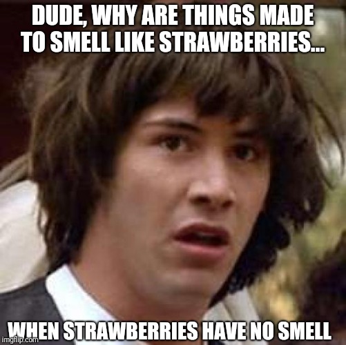 Conspiracy Keanu | DUDE, WHY ARE THINGS MADE TO SMELL LIKE STRAWBERRIES... WHEN STRAWBERRIES HAVE NO SMELL | image tagged in memes,conspiracy keanu | made w/ Imgflip meme maker