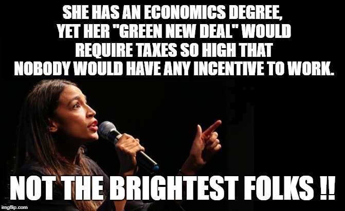 Cortez | SHE HAS AN ECONOMICS DEGREE, YET HER "GREEN NEW DEAL" WOULD REQUIRE TAXES SO HIGH THAT NOBODY WOULD HAVE ANY INCENTIVE TO WORK. NOT THE BRIGHTEST FOLKS !! | image tagged in cortez,dumb and dumber | made w/ Imgflip meme maker