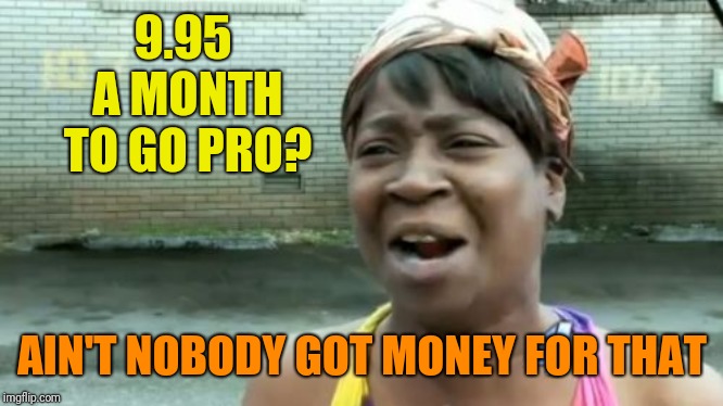 Ain't Nobody Got Time For That | 9.95 A MONTH TO GO PRO? AIN'T NOBODY GOT MONEY FOR THAT | image tagged in memes,aint nobody got time for that | made w/ Imgflip meme maker