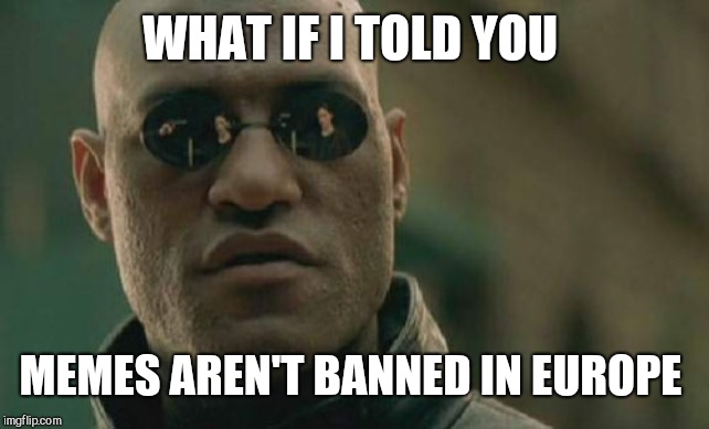Matrix Morpheus Meme | WHAT IF I TOLD YOU MEMES AREN'T BANNED IN EUROPE | image tagged in memes,matrix morpheus | made w/ Imgflip meme maker